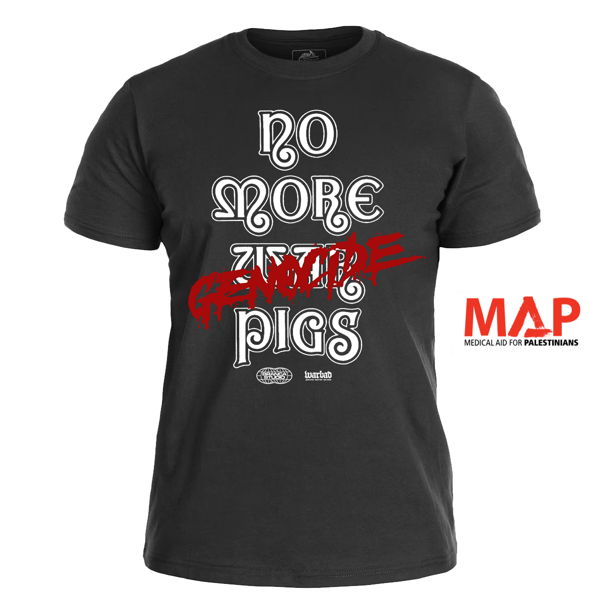 NO MORE GENOCIDE PIGS </br>- Branca Studio collab </br> black t-shirt </br> (white/red print)