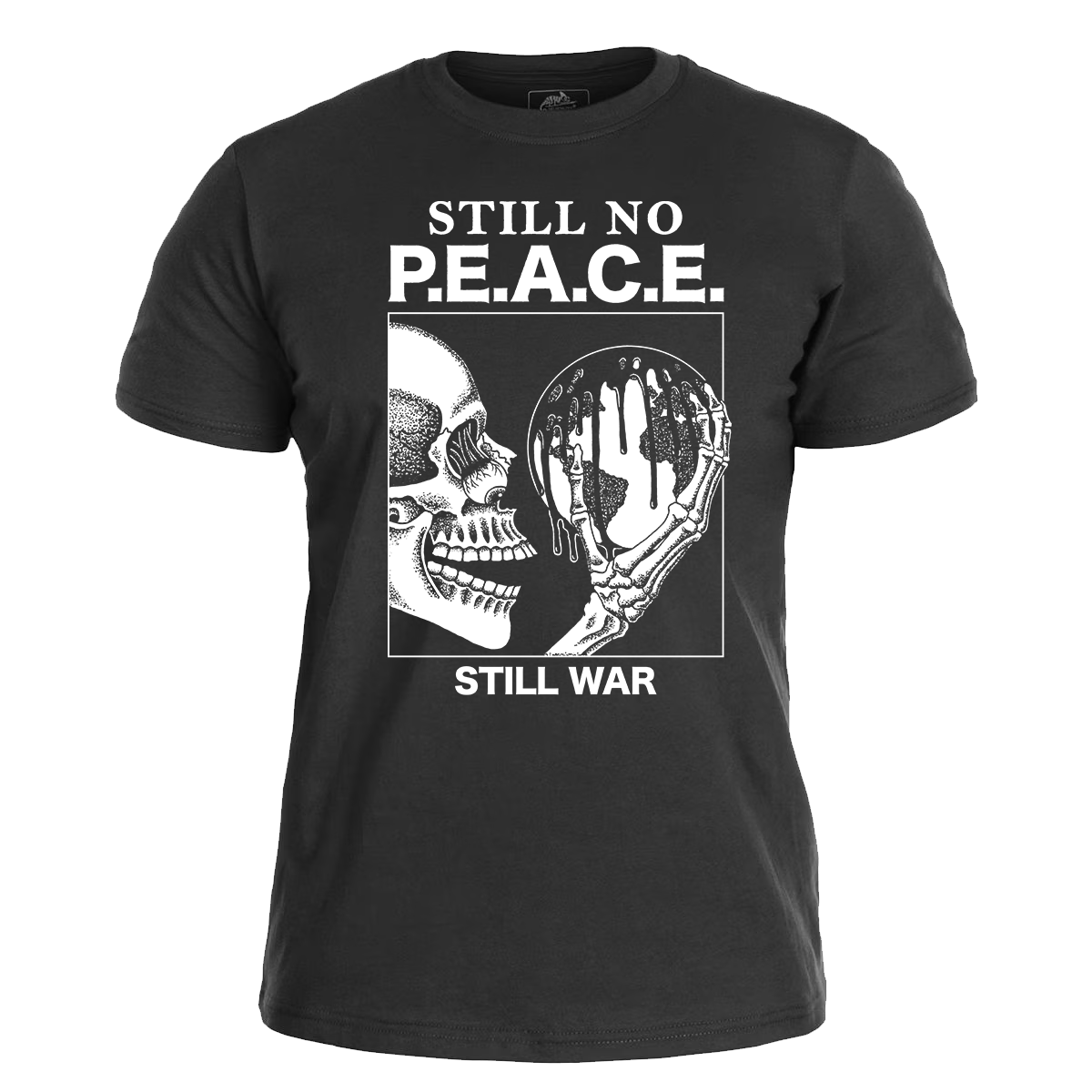 STILL NO P.E.A.C.E. Fairwear </br> black t-shirt </br> (white print)