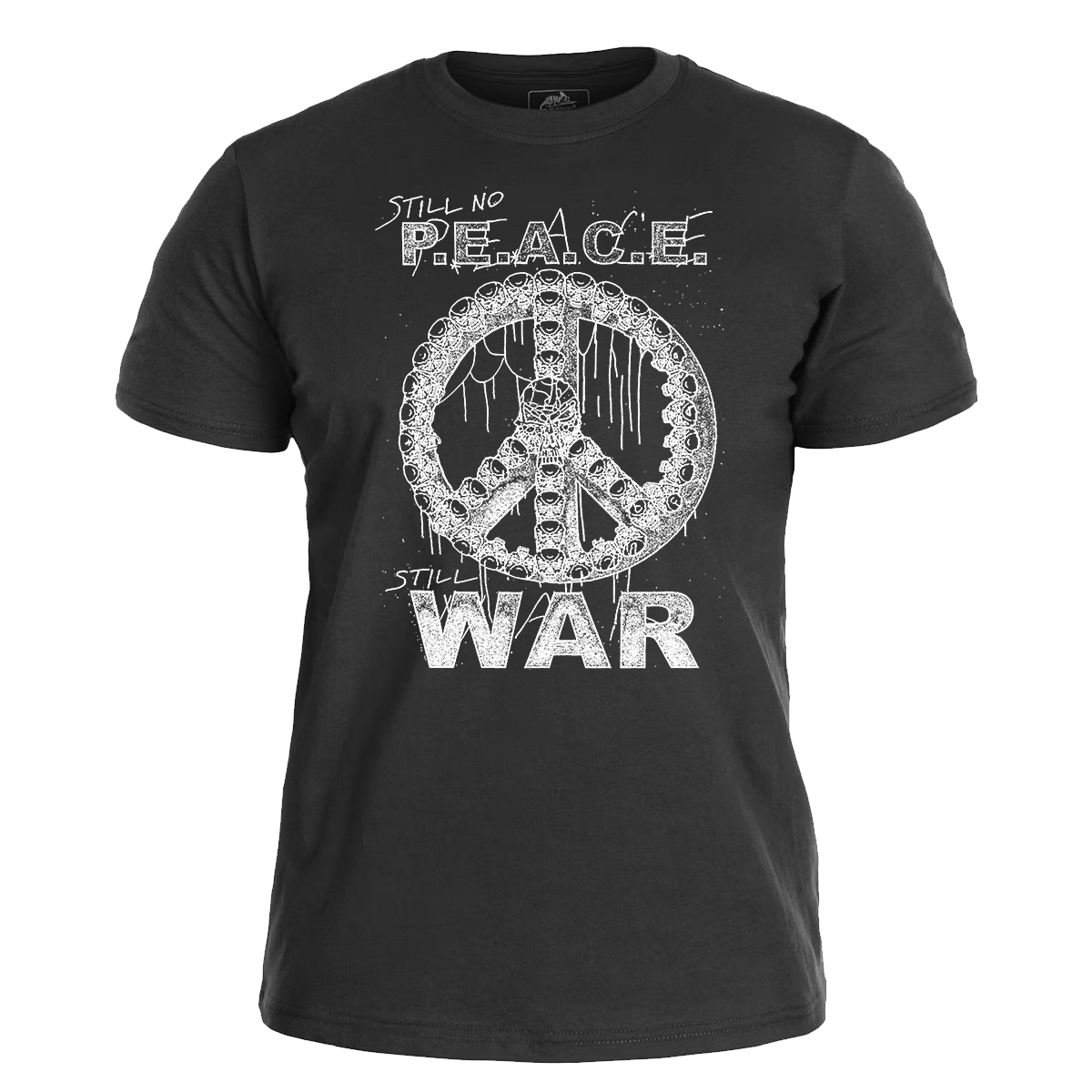 STILL NO P.E.A.C.E. </br>– Tomáš Mitura design </br> black t-shirt </br> (white print)